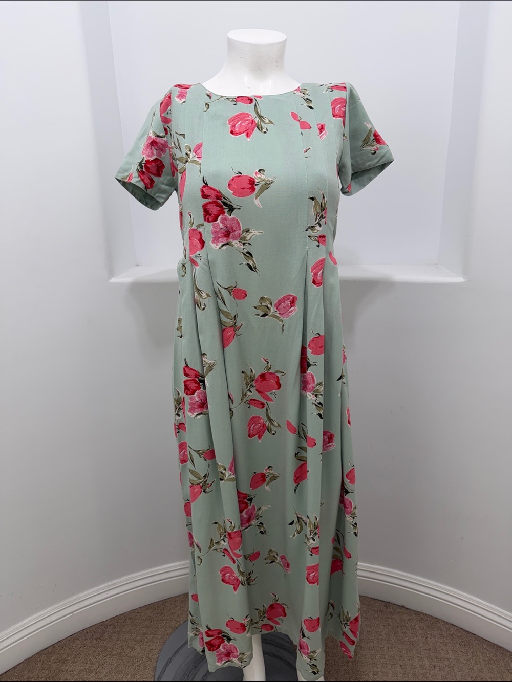 Sarah Elizabeth Sage Green Red Blossom Floral Print Maxi Dress Short Sleeve 10